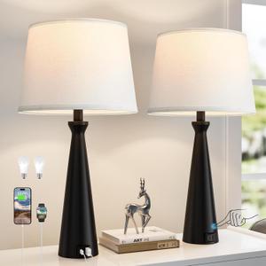 Seealle Modern Table Lamps Set of 2 - Touch Bedside Lamp for Nightstand with Dual USB C+A,3-Way Dimmable Black Nightstand Lamps for Living Room Bedroom End Table(Bulb Included)