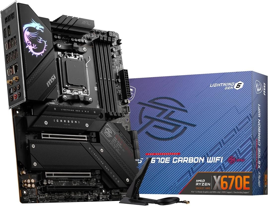 MSI MPG X670E Carbon WiFi Gaming Motherboard (AMD Ryzen 9000/8000/7000 Series Processors, AM5, DDR5, PCIe 5.0, SATA 6Gb/s, M.2, USB 3.2 Gen 2, Wi-Fi 6E, Bluetooth 5.3, LAN 2.5Gbps, HDMI/DP, ATX)