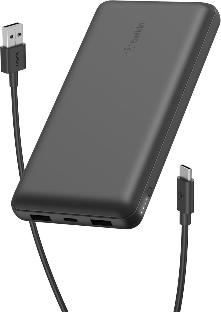 Belkin Portable Charger, USB-C Power Bank 20000 mAh w/ 2 USB-A Ports, 15W w/ Type-A to Type-C Cable for iPhone 16, 16 Plus, 16 Pro, 16 Pro Max, Samsung Galaxy S25, Galaxy S24, Pixel 9, & More - Black