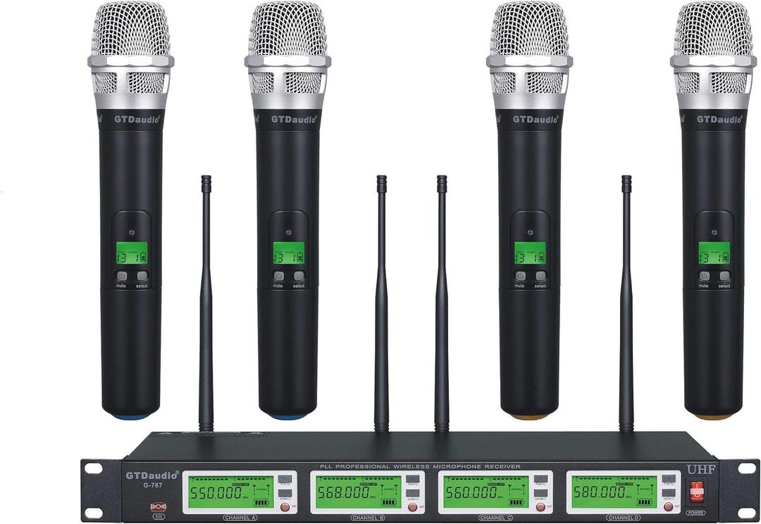 GTD Audio 4x800 Adjustable Channels UHF Diversity Wireless Cordless Handheld Microphone Mic System Ideal for Church, Karaoke, Dj Party, Range 450ft (4 Handheld Mics) GTD Audio 4x800 Adjustable Channels UHF Diversity Wireless Cordless Handheld Microphone Mic System Ideal for Church, Karaoke, Dj Party, Range 450ft (4 Handheld Mics)