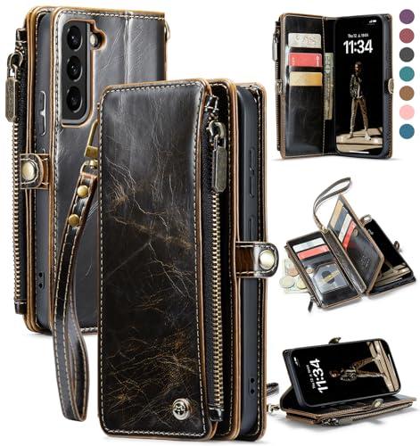 Defencase Compatible with Samsung Galaxy S22 Plus Case Wallet with RFID Blocking Card Holder for Women, PU Leather Magnetic Snap Flip Zipper Strap Phone Case Fit for Galaxy S22 Plus 5G 6.6", Coffee