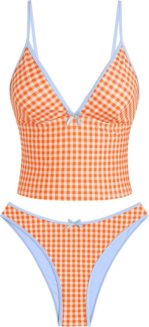 ZAFUL Women's Spaghetti Strap Tankini Swimsuits V Neck Tummy Control Tie Side Thong Bikini Swimsuits 2 Piece Bathing Suits (Large) Color: 2-a-orange