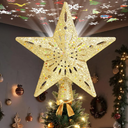 Christmas Tree Topper Star Lighted with 32.8ft Breathing Flickering String Lights & 6 LED Projection Modes, Gold Christmas Star Topper for Indoor Xmas Holiday Tree Decoration