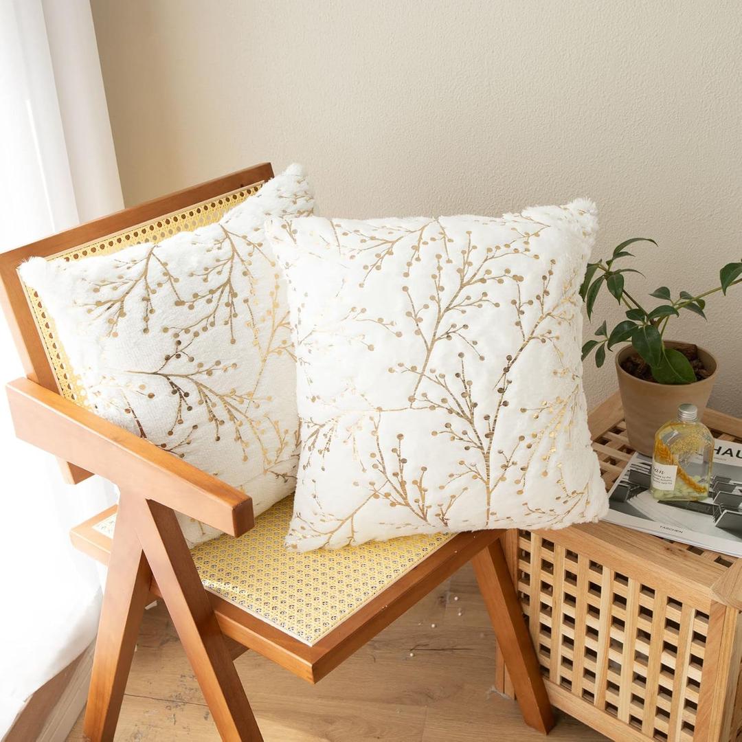 LIGICKY Set of 2 Fluffy White Faux Fur Pillow Covers Gold Floral Glitter Throw Pillows Decorative Soft Furry Sparkling Square Cushion Cases for Sofa Bedroom Party Fall Autumn Dcor 18x18inch