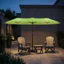 15FT Patio Umbrella with Solar Lights, Double-Sided Extra Large Outdoor Table Umbrella with Base Included, Heavy-Duty 12 Iron Ribs Market Umbrella for Garden, Pool, Backyard, Apple Green