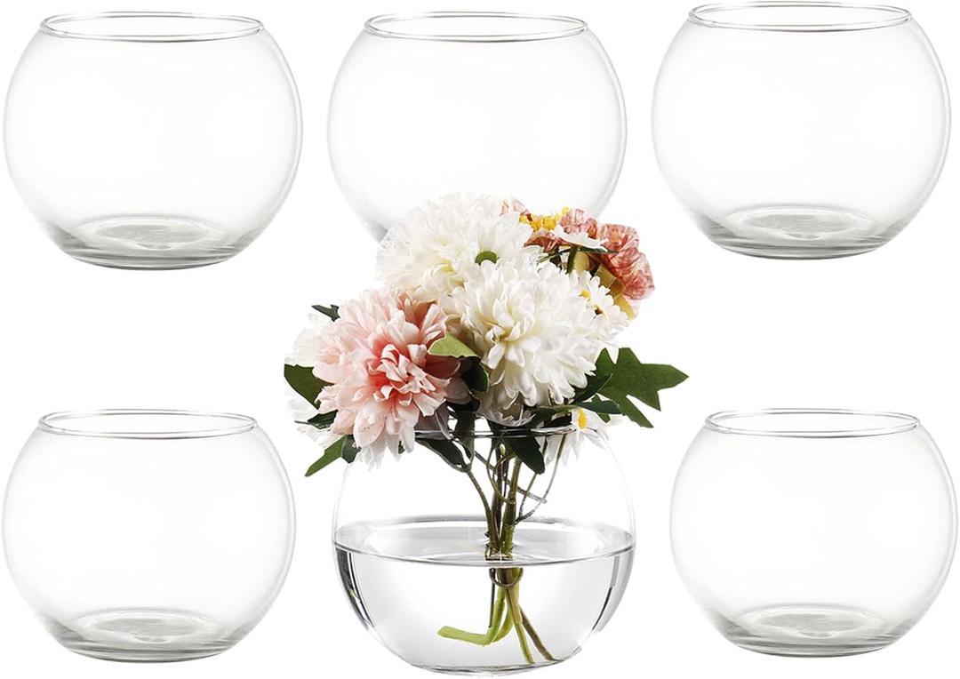 Round Glass Vases Set of 6, Clear Flower Vases for Centerpieces, Glass Bowl Vase, Small Round Vase for Living Room, Bedroom, Kitchen, Dining Table, Office, Wedding, 4 Inches