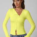 QINSEN Women's Long Sleeve Ribbed Crewneck Shirts Upper Button Fastening Going Out Tops (Yellow, S)