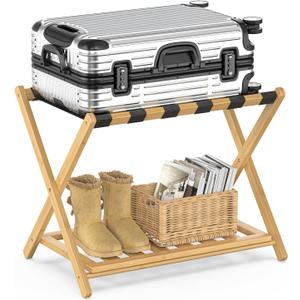 BAMBOOHOMIE Bamboo Luggage Rack for Guest Room, Wide Suitcase Stand with Storage Shelf, Folding Luggage Stand Holder for Bedroom Hotel, 26.77" Thickened Luggage Rack for Suitcases, Natural