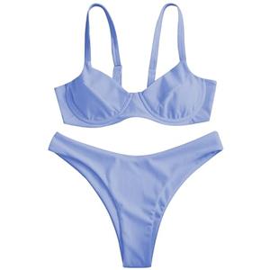 ZAFUL Underwire High Leg Ribbed Bikini Swimsuit Two Pieces Set, Small