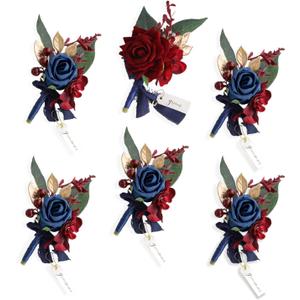 Lookein Set of 6 Boutonnieres for Men's Groom/Groomsmen, Artificial Flowers in Burgundy & Navy Blue for Formal Ceremonies and Dinners