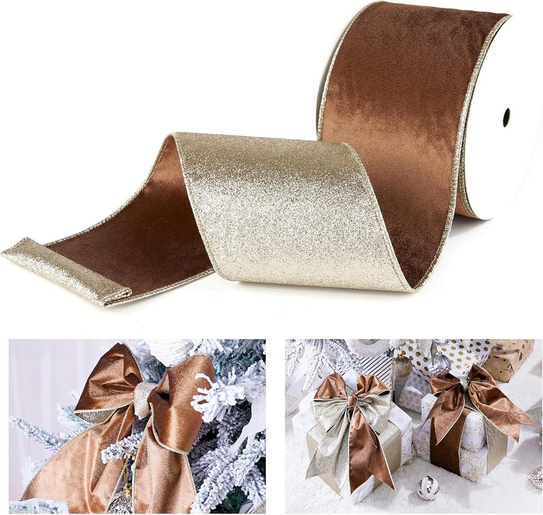 Brown Velvet Wired Ribbon with Glitter Back, 4 Inch, 10 Yards