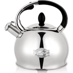 SUSTEAS Stove Top Whistling Tea Kettle - Food Grade Stainless Steel Teakettle Teapot with Cool Touch Ergonomic Handle, With 1 Silicone Pinch Mitt Included, 2.64 Quart(SILVER)