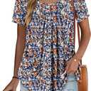 Angerella Women Tunic Tops Dressy Casual Summer Short Sleeve Shirts Floral Loose Fit Pleated Boho Top S-3XL (L)