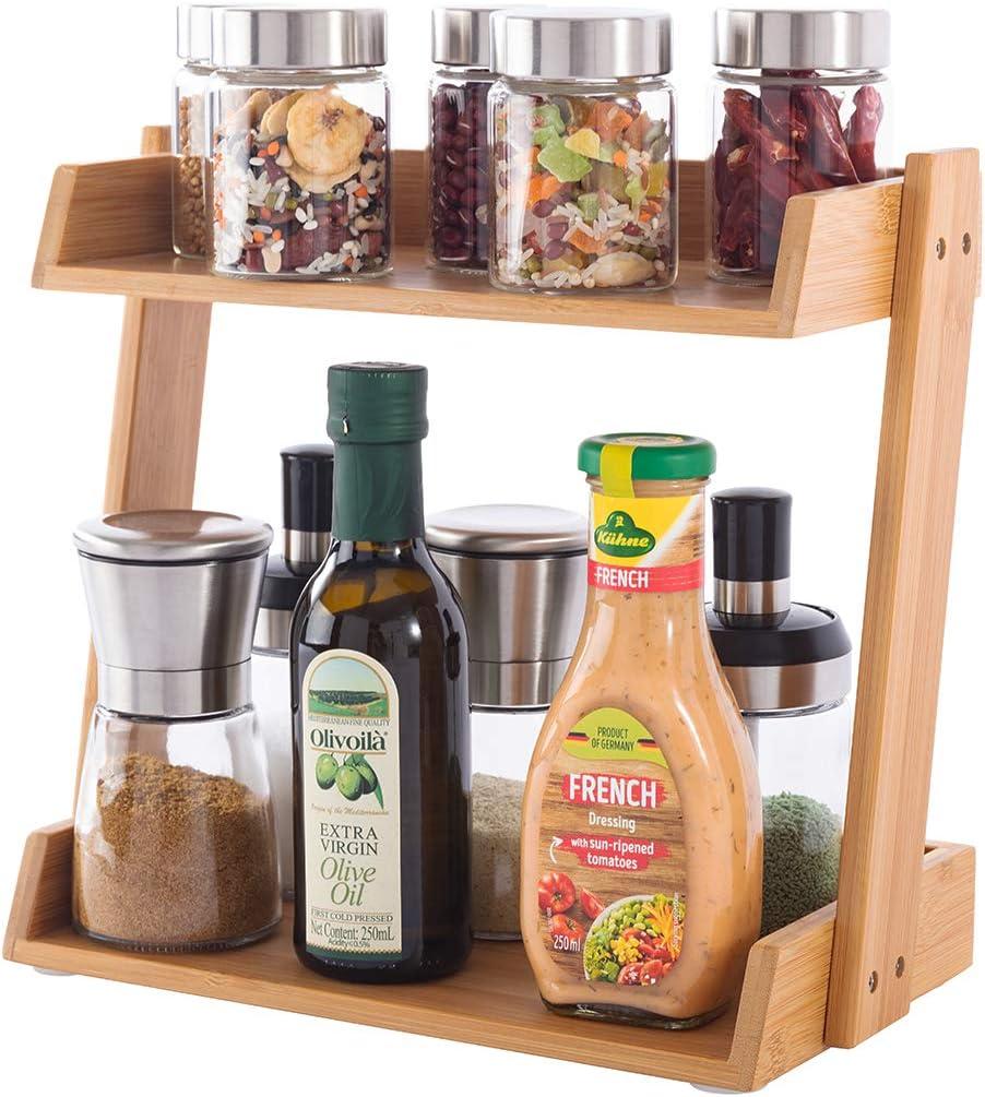 GOBAM Spice Rack Organizer 2-Tier Kitchen Countertop Cabinet Storage Shelf, Assemble Quickly, Bamboo (Small)