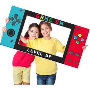 31.5 x 15.9 Inch Video Game Photo Booth Props Gaming Party Supplies Game on Selfie Frame Handheld Birthday Decoration Gaming Console Corrugated Plastic Picture Frame Gamer Fan Favors for Boys & Girls (Red and Blue)