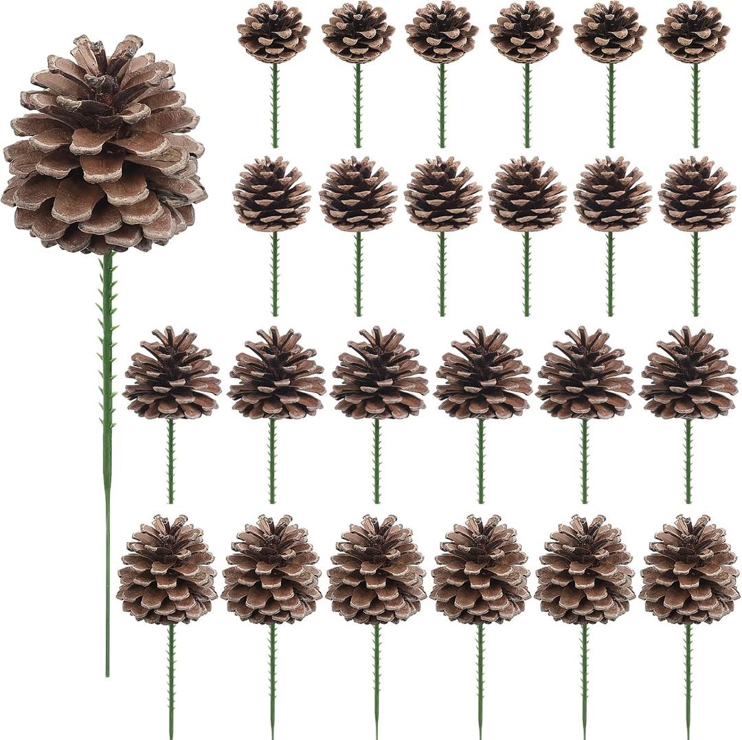 24 Pieces Christmas Pine Cones Decorations, Various Sizes Natural Pine Cones with Wired Picks, Natural Pinecones for Christmas Tree Decoration Garland Wreath Ornaments Home Decor(Natural)