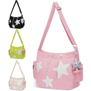 Cute Tote Bag for Women, Aesthetic Canvas Crossbody Bag Y2k Star Hobo Shoulder Purse Kawaii Zipper Messenger Bag (Pink-corduroy)