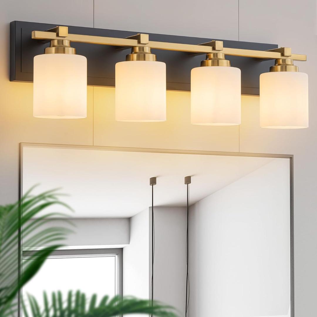 4 Light Modern Bathroom Light Fixtures Over Mirror, Black Gold Vanity Lights for Bathroom Wall Sconces with Milky White Glass Shades, E26 Socket (Bulbs Not Included)