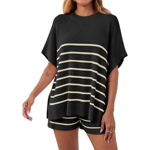 Fisoew Women's Striped 2 Piece Outfits Oversized Batwing Short Sleeve Tops High Waisted Shorts Summer Knit Lounge Short Sets (Black, S)