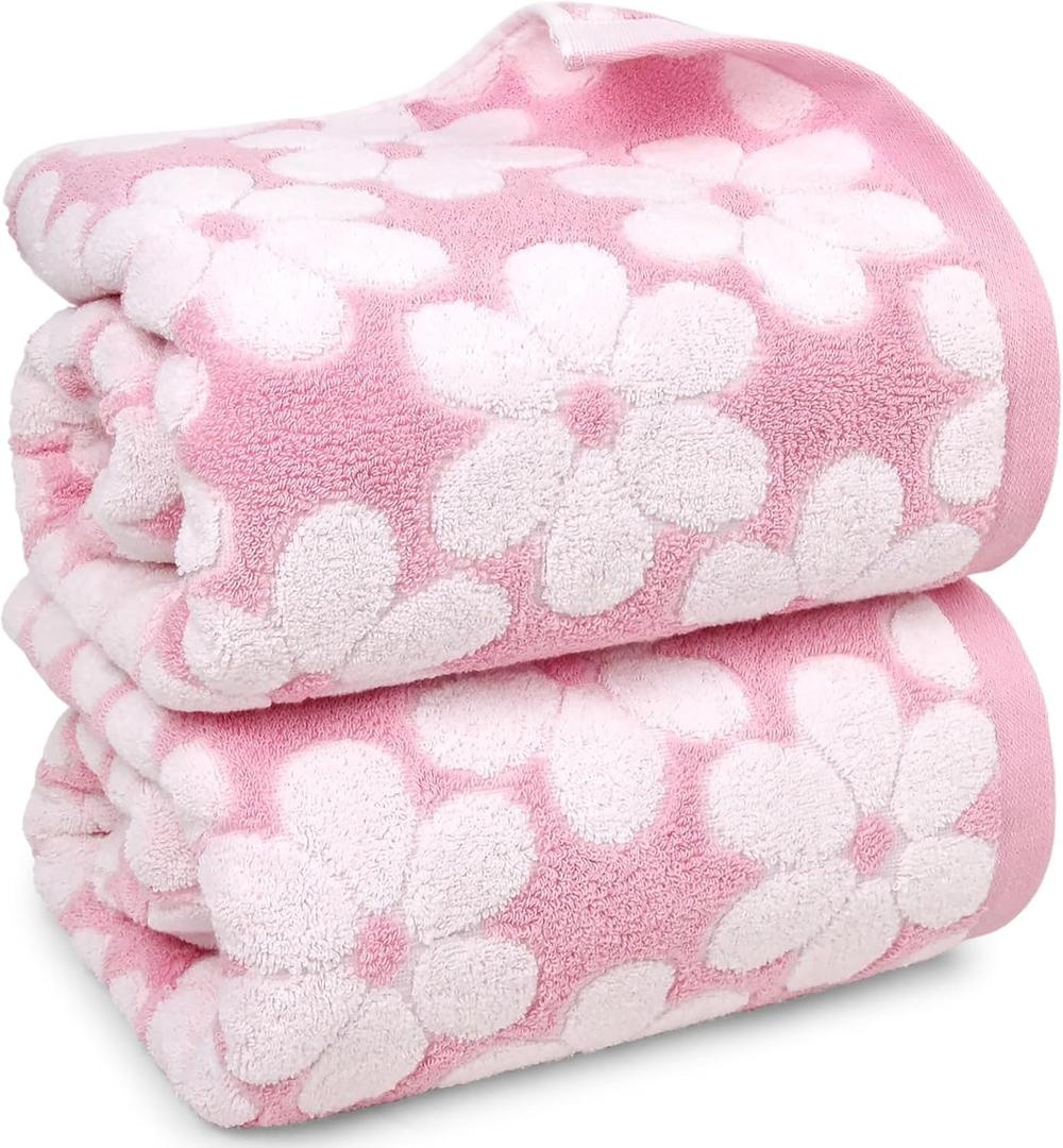 Jacquotha Pink Bath Towels Set of 2, Super Absorbent & Decorative 27.5x55 Inches, Cute Floral Jacquard Shower Towel for Bathroom Valentines Gifts for Her, Cotton