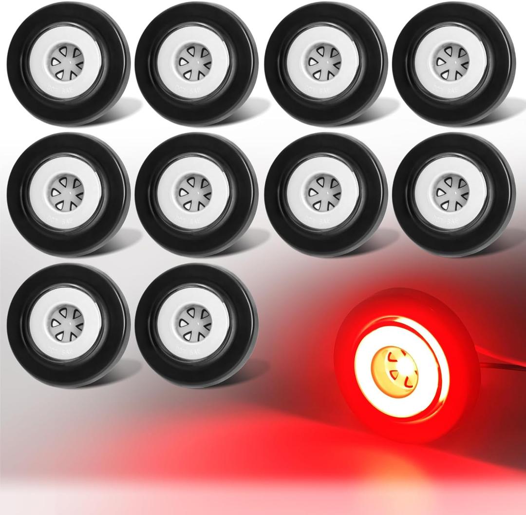 10Pcs 2" inch Round Halo 12 LEDs Trailer Boat Halo Clearance Side Marker Running Turn Lights w/Rubber Grommet Sealed Waterproof IP67 for Truck/RV/Van, DC 12V (Clear Lens_Red Light)