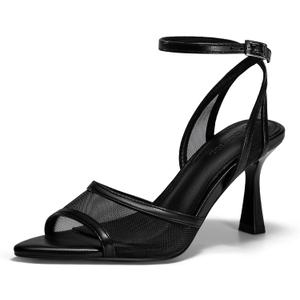 Coutgo Womens Mesh Kitten Heels Sandals Pointed Open Toe Ankle Buckle Strap Summer Dress Shoes (9, Black)