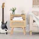 Lerliuo Rattan Nightstand with Charging Station, Boho Side Table with Drawer Open Shelf, Cane Accent Bedside End Table for Bedroom, Dorm and Small Spaces (1 pack, Natural)