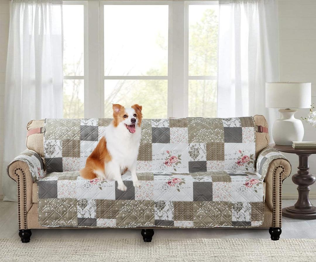 Brilliant Sunshine Rose and Toile Patchwork Couch Cover, Quilted Large Sofa Slipcover, 70" Seat Width, Slip Resistant Furniture Protector, 2" Strap, Washable Couch Cover for Pets, Kids, Dogs,Rose Grey