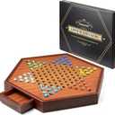 VAMSLOVE Large 17" Chinese Checkers Board Game for 2-6 Player Wooden Game Board, 16mm 60+12 Colorful Glass Marbles, Easy Grasping for Adults and Kids, w/Storage Drawer, Fun for Family Gathering