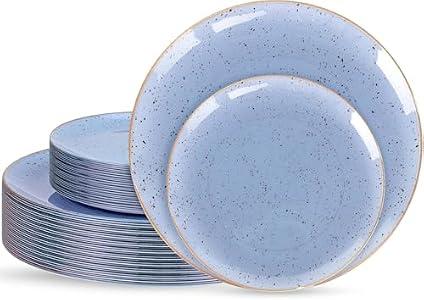 Liacere 32PCS Blue Plastic Plates - BlueStone Plastic Disposable Tableware Plates Modern Dinnerware Set - Wedding & Warm Winter & Party & Easter Day