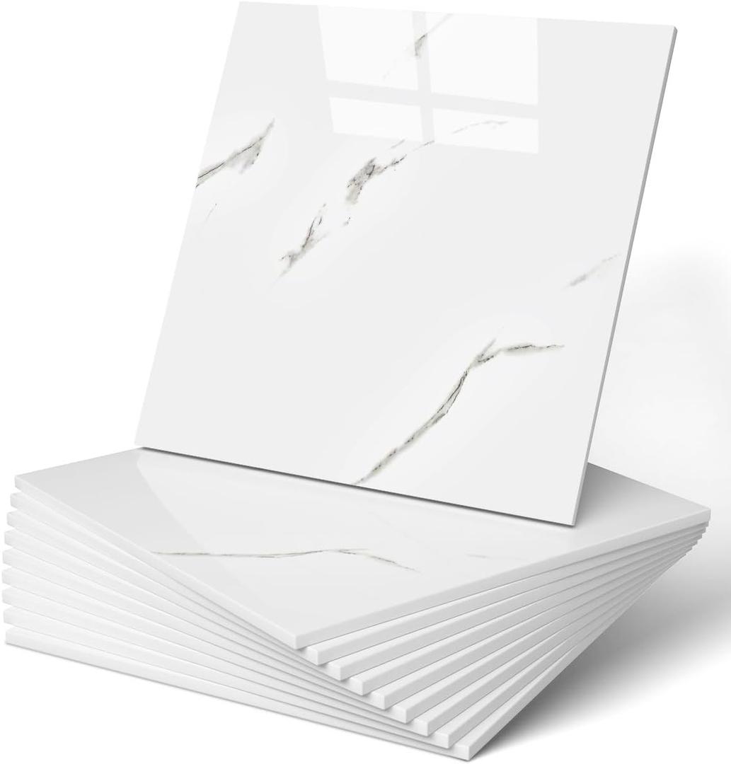 WADILE 10pcs Peel and Stick Shower Waterproof Marble Tiles Wall Panels, 11.8"x11.8" Self-Adhesive Backsplash, for Home Bathroom, Kitchen, Living Room White (Not Real Tile)