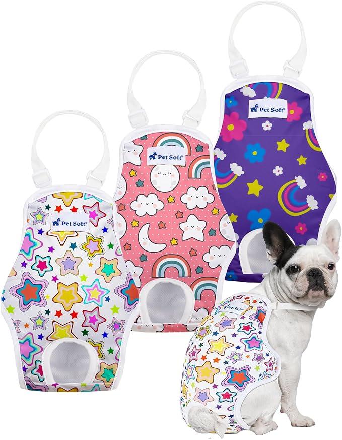 3 Pack Pet Soft Dog Diapers Female Onesie Sanitary Pantie with Adjustable Suspender, Colorful Pattern Washable Puppy Diapers Female, Super Absorbent Underwear Dog Diaper for Heat (Nature, Mini-Small)