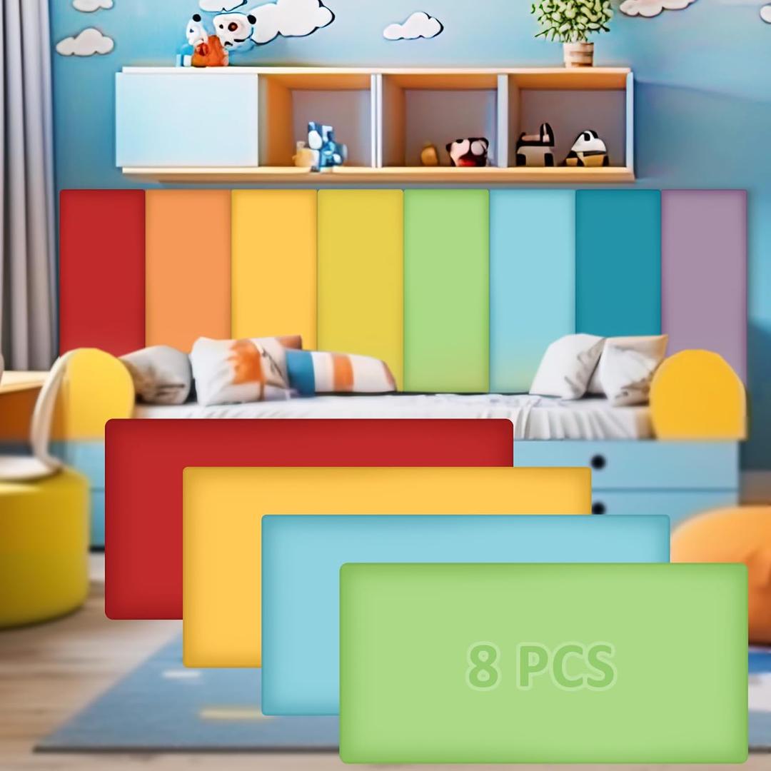 Hahafelt 8 Pack Wall Padding for Playroom Peel and Stick Headboard 15.75" x 7.87" x 1.18" 3D Anti Collision Upholstered Wall Panels Self Adhesive Headboard Panel for Protection (Rainbow Colors)