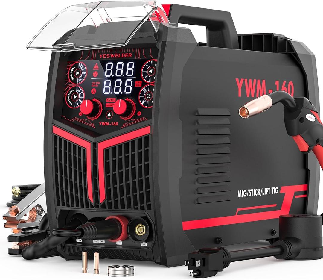 YESWELDER 160A MIG Welder, 110V/220V Dual Voltage, 4 in 1 Gas MIG/Flux Core MIG/Lift TIG/Stick Multiprocess Large LED Digital Display MIG Welding Machine, 20.79 x 15.43 x 12.01 inches