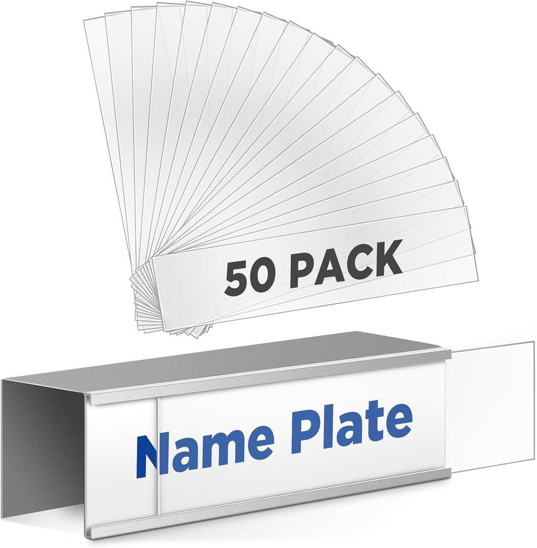 50 Pack Clear Plastic Nameplate Insert 8" x 2" Protective Desk Name Plate Inserts Covers for Wall Door Cubicle Nameplate Holder Surface Home Office Supplies (Not Include Name Tags)