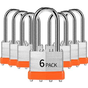Padlocks Keyed Alike, Pack of 6, Laminated Steel Keyed Lock (1-9/16", 40mm), Padlocks with Same Key, Long Shackle, for Toolbox, Locker & StorageUnit or More