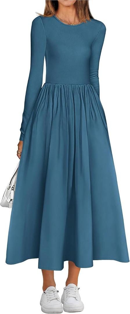 BTFBM Casual Long Sleeve Dresses Spring Dresses 2025 Wedding Guest Dress Midi Dress Flowy Bohemian Long Dress (Blue, Medium)