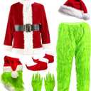 Green Monster Santa Claus Costume Set for Adults, 7PCS Christmas Santa Outfit Suit, Xmas Halloween Cosplay Costumes