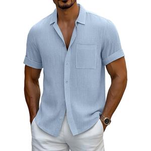 Neer Men's Big and Tall Linen Shirts M-7XL Short Sleeve Casual Button Down Blouses with Pocket Summer Beach Tops (Light Blue, 7XL)