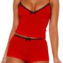 RUEWEY Women 2 Pieces Pajamas Set Bow Loungewear V-Neck Sleeveless Cami Tops and Shorts Sleepwear Outfits (Small, Red)