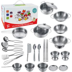 Tiny Classic Stainless Steel Kitchen Toys Cooking Utensils Set-Pretend Play Pots Pans Toy Cookware Kits for Kids Cooking Utensil Set Interactive Learning Role Play Educational Toys for Kids Mini Size