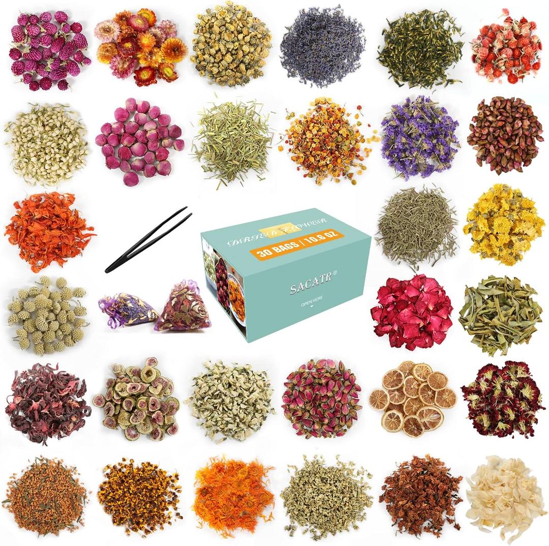 30 Bags Dried Flowers,100% Natural Dried Flowers Herbs Kit for Soap Making, DIY Candle Making,Bath - Include Rose Petals,Lavender,Don't Forget Me,Lilium,Jasmine,Rosebudsand More