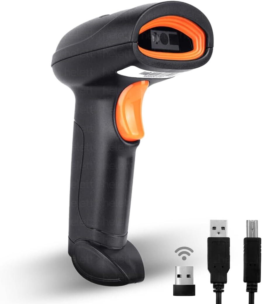 Helett HT20 Wireless 2.4GHz 2D & 1D Barcode Scanner (QR Code & Barcode) Wired & Wireless(Rechargeable) Connectivity | Induction Scanning with Built-in Illumination Light |Strong ABS(Black)