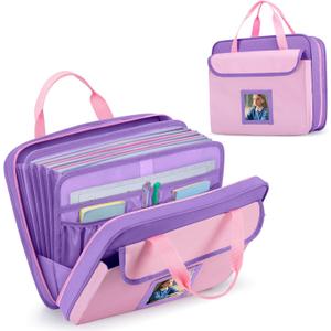GRAOSO Zipper Document Bag for Boys and Girls, 9 Expandable Folders, Baby Portfolio Organizer Case with Customized Photo and Name Areas, Pink