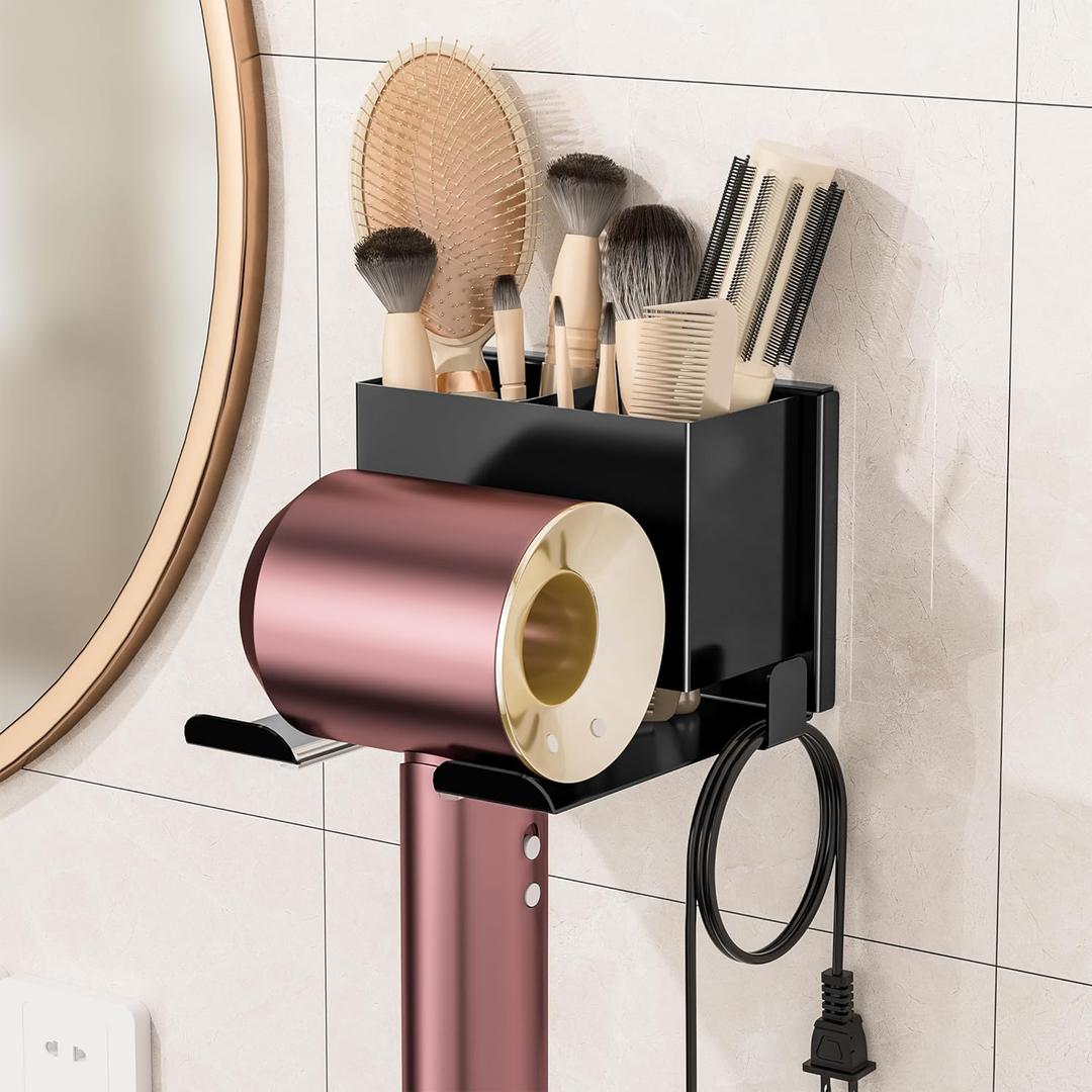 Hair Dryer Holder Wall Mounted, Metal Hair Dryer Holder for Bathroom, Blow Dryer Holder with Plug Cord Organizer, Self Adhesive or Screw Hair Tool Organizer for Bathroom, Makeup Room, Cabinet, Black