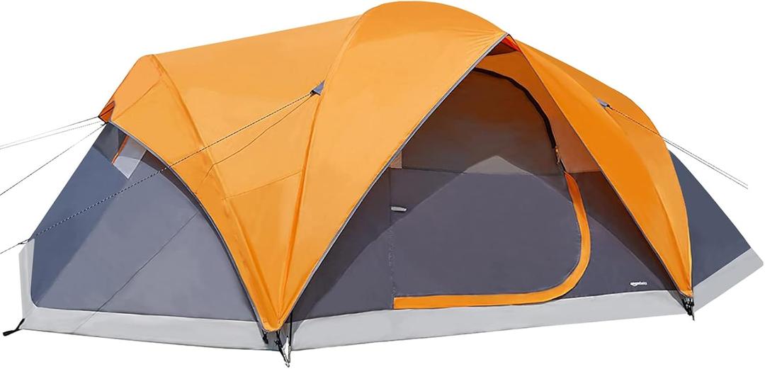 Amazon Basics 8-Person Camping Tent, 3-Season Dome Design with Rainfly, Orange/ Grey