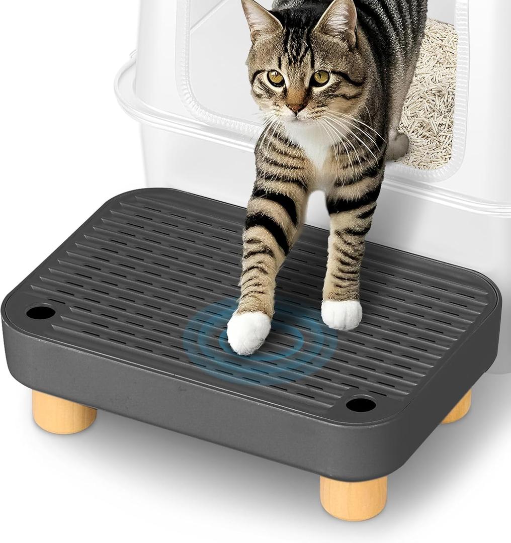 Litter Box Step, Litter Box Ramp/Catcher with Wooden Base, Anti-Tracking & Easy to Clean, Ideal for Small & Elderly Cats (Black)