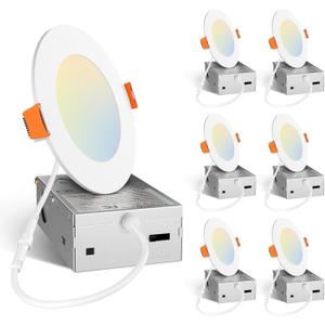 Amico 6 Pack 4 Inch 5CCT Ultra-Thin LED Recessed Ceiling Light with Junction Box, 2700K/3000K/3500K/4000K/5000K Selectable, 11W Eqv 70W 800LM Brightness Dimmable Canless Wafer Downlight, ETL & FCC (White)