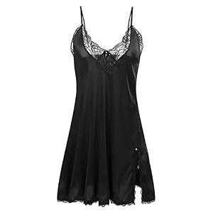 Ekouaer Nightgowns for Women Sexy Lingerie Satin Sleeveless Babydoll Nightie Lace Chemise Silk Sleep Dress Black L