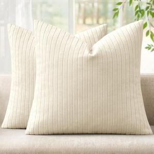 MIULEE Set of 2 Cream Decorative Throw Pillow Covers 18x18 Inch, Thick Soft Textured Striped Cushion Covers, Modern Solid Color Farmhouse Boho Pillow Case for Sofa Couch Bed Living Room